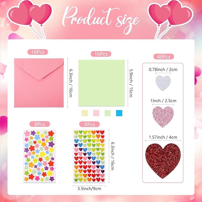 Zonon 16 Pack Valentines Crafts DIY Card Valentines's Day Kits Foam Heart Sticker Craft DIY Kits Envelopes Cards Set for Exchange Gifts (Colorful)
