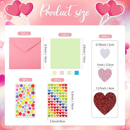 Zonon 16 Pack Valentines Crafts DIY Card Valentines's Day Kits Foam Heart Sticker Craft DIY Kits Envelopes Cards Set for Exchange Gifts (Colorful)