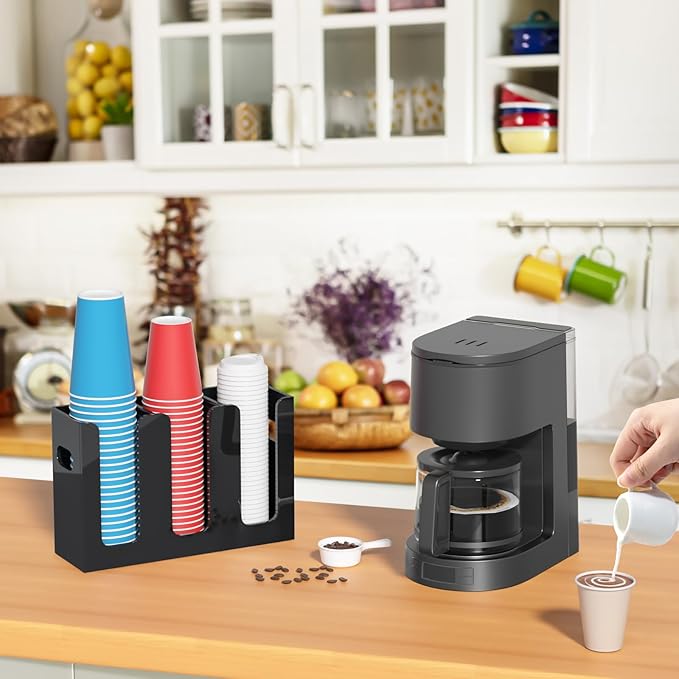 WINFFOR Disposable Cup Organizer Dispenser - 3 Compartments Black Acrylic Cup and Lid Holder with Handles Plastic Cup Dispenser Countertop Paper Cup Holder for Coffee Bar House Party Essentials