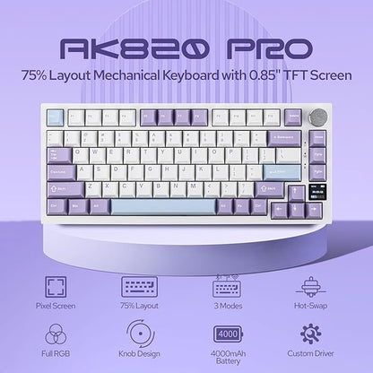 EPOMAKER Ajazz AK820 Pro 75% Wireless Mechanical Keyboard with TFT Smart Display&Knob, Gasket-Mounted Gaming Keyboard, Bluetooth/2.4GHz/USB-C Wired (Purple, Flying Fish Switch)