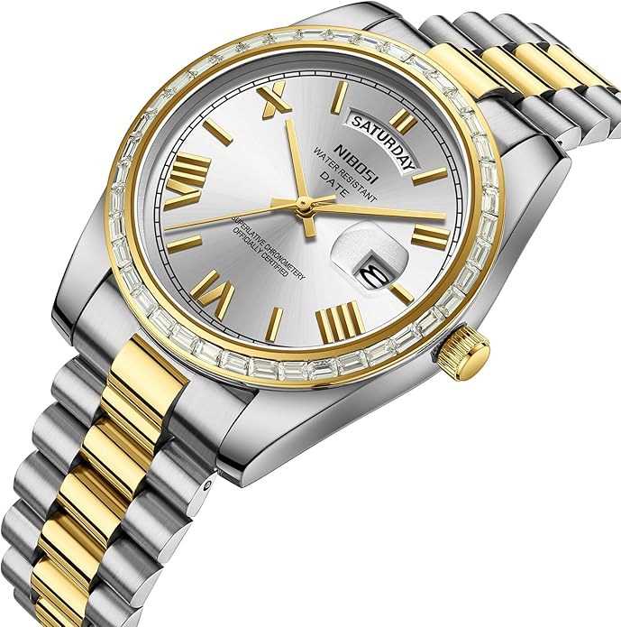NIBOSI Men's Watches Analog Quartz Diamond Bezel Stainless Steel Dial Rose Gold Silver Watches for Men Waterproof Business Classic Dress Wrist Watch with Day Date