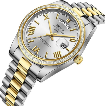 NIBOSI Men's Watches Analog Quartz Diamond Bezel Stainless Steel Dial Rose Gold Silver Watches for Men Waterproof Business Classic Dress Wrist Watch with Day Date