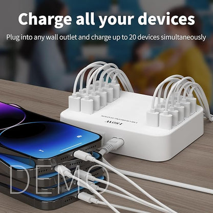 USB Charger Station 20 Ports, 180W Desktop Multi Port Charging Hub,20 Ports USB Charger for Multi Devices Compatible with iPhone/Huawei/LG/Google Pixel/Tablet/Other Devices