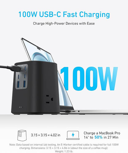 Anker Desktop Charger, 9-in-1 Power Strip with 300J Surge Protector, 5ft Flat Plug Extension Cord with Multiple Devices, 100W USB C Charger with 3 AC, 2 USB A, 4 USB C, Home Office, Desk Accessories