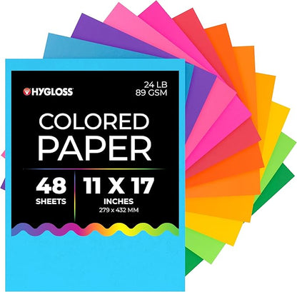 Hygloss Assorted Bright Colored Paper - 24 lb, 89 GSM, Acid-Free, Fade-Resistant, 11x17-Inch Ledger Size Color Copy Paper, 48 Sheets, 12 Colors