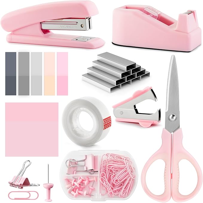 Pink Office Supplies Set, Stapler and Tape Dispenser for Women - Office Desk Accessories Gift for Women, Boss Lady, Coworkers