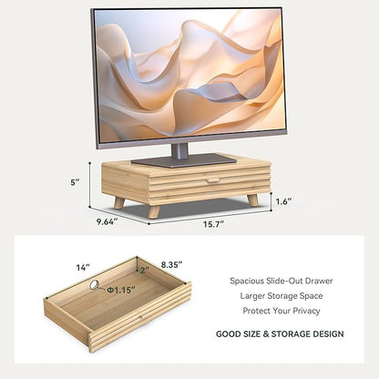 Bamboo Monitor Stand with Drawer - Desk Organizer with Cable Management & Storage, Ergonomic Laptop Riser for Home Office (220lbs Capacity, 15.7 inch ,Natural)