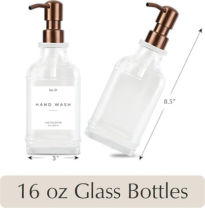 Emerson Essentials Soap Dispenser, Dish Soap Dispenser, Soap Bottle Bathroom Set, Farmhouse Stainless Steel, Kitchen Soap Dispenser Set - Glass Soap Dispenser with Pump and Labels, 16 Oz, 2 Pack