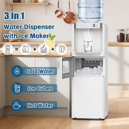 3 in 1 Water Cooler Dispenser with Ice Maker, Hot and Cold Water Dispenser for Home Office, 33lbs/24H, Top Loading 3 or 5 Gallon, Child Lock, Bullet Ice, White