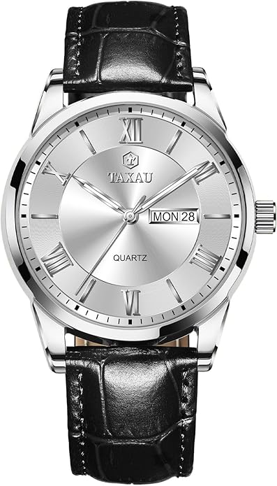 Men's Watch Big Face Easy Read Arabic Numeral Dress Watches for Men Classic Black Brown Leather Band Analog Mens Wrist Watch with Day and Date Fashion Business Waterproof Luminous Quartz Watch