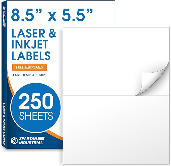 8.5" X 5.5" Printable Half-Sheet Shipping Labels Compatible with Inkjet and Laser Printers - 250 Sheets, 500 Total Matte White Paper Stickers for Mailing and Boxes - Spartan Industrial Template R025