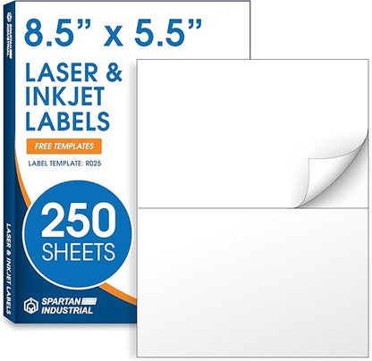 8.5" X 5.5" Printable Half-Sheet Shipping Labels Compatible with Inkjet and Laser Printers - 250 Sheets, 500 Total Matte White Paper Stickers for Mailing and Boxes - Spartan Industrial Template R025