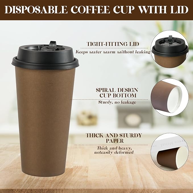 LITOPAK 100 Pack 20 oz Disposable Paper Coffee Cups with Lids for Coffee, Water, Juice, or Tea, Brown Hot Paper Cups for Home, Restaurant, Store, and Cafe
