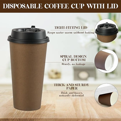 LITOPAK 100 Pack 20 oz Disposable Paper Coffee Cups with Lids for Coffee, Water, Juice, or Tea, Brown Hot Paper Cups for Home, Restaurant, Store, and Cafe