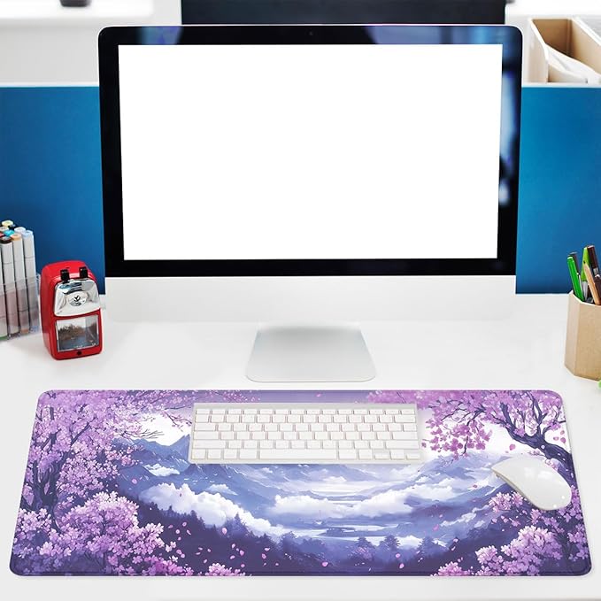 Cherry Blossom Desk Pad Mouse Pad Purple Spring Mountain Scenery Mousepad XL Large Gaming Mouse Pad Laptop Keyboard Mat Desk Pad 31.5"x11.8"