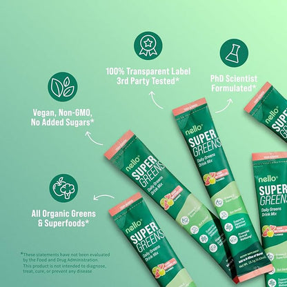 Nello Supergreens Premium Superfood Greens Drink Mix w/Chlorella, Moringa, Spinach & Broccoli + Digestive Enzymes & Probiotic Blend -Nutrient-Packed Powder (Sour Watermelon 20 SRV, Travel Pack)