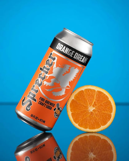Sprecher Orange Dream Craft Soda, Fire-Brewed with Real Honey, Handcrafted Orange Soda, Caffeine-Free Gourmet Beverage – 16 fl oz Cans (12 Pack)
