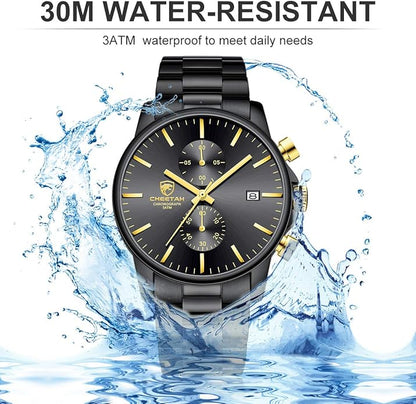 GOLDEN HOUR Fashion Business Mens Watches with Stainless Steel Waterproof Chronograph Quartz Watch for Men, Auto Date