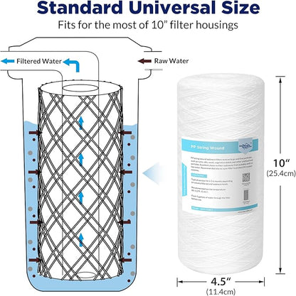 Membrane Solutions 5 Micron 10"x4.5" String Wound Whole House Water Filter Replacement Cartridge Universal Sediment Filters for Well Water - 3 Pack