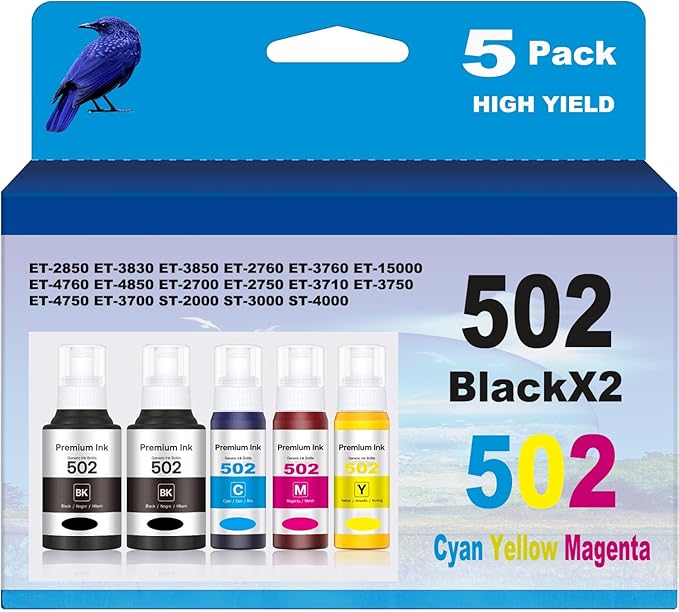 502 Ink Refill Compatible Use for EcoTank ET-2850 ET-3830 ET-3850 ET-2760 ET-3760 ET-15000 Printer 5 Bottles