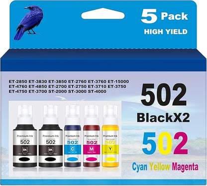 502 Ink Refill Compatible Use for EcoTank ET-2850 ET-3830 ET-3850 ET-2760 ET-3760 ET-15000 Printer 5 Bottles
