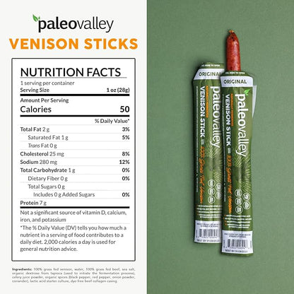 Paleovalley 100% Grass Fed Venison Sticks – 10 Pack – Keto-Friendly, High Protein, Low-Calorie Snack – Omega-3 Rich, Gluten-Free, Nitrate-Free, Naturally Flavored – Healthy On-the-Go Meat Snack