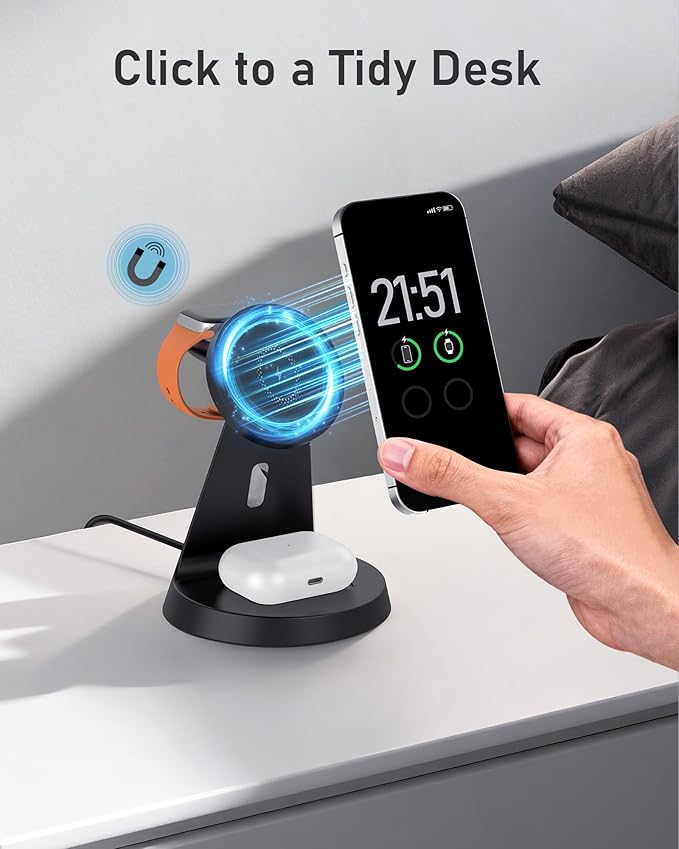 Wireless Charger 3 in 1 Charging Station for iPhone: Magnetic Docking Station for iPhone 17/16/15/14/13/12 - Multi Charging Dock for Apple Watch & Airpods 4 3 2 Pro (Adapter Included) (Black)