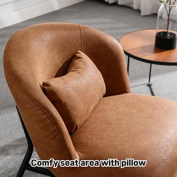 DUOMAY Modern Accent Chair, PU Upholstered Leisure Chair Single Sofa Chair Lounge Chair with Lumbar Pillow Metal Legs Slipper Chair for Living Room Bedroom Office, Brown