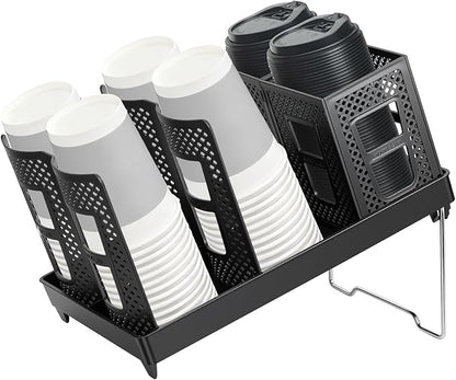 Cup and Lid Holder, Coffee Cup Holder with Straw Organizer, Adjustable Plastic Cup Dispenser, Upright Paper Cup Storage, for Countertop, Coffees Station, Office, Bar Restaurant, Breakroom
