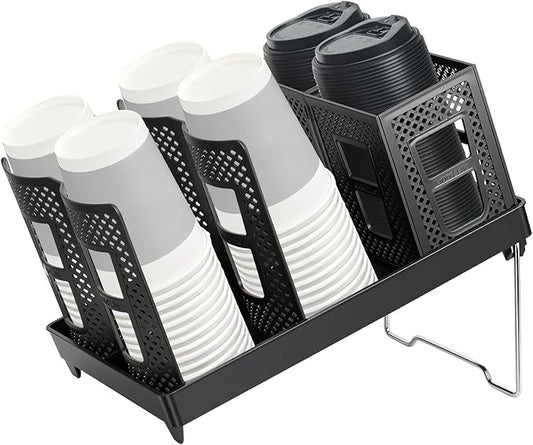 Cup and Lid Holder, Coffee Cup Holder with Straw Organizer, Adjustable Plastic Cup Dispenser, Upright Paper Cup Storage, for Countertop, Coffees Station, Office, Bar Restaurant, Breakroom