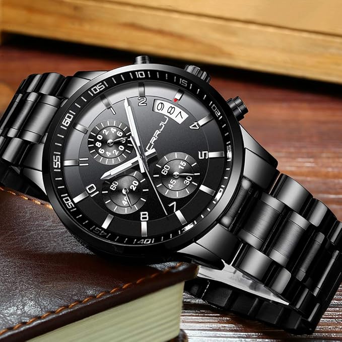 CRRJU Men's Fashion Stainless Steel Watches Date Waterproof Chronograph Wristwatches,Black Steel Band Waterproof Quartz Watch for Men