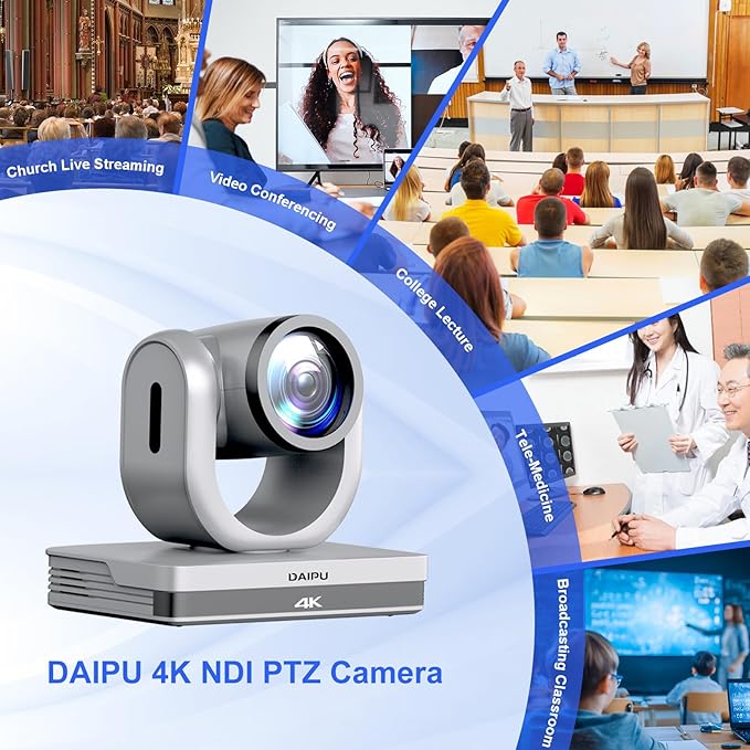 NDI PTZ Camera 4K, 1/2.8" 8.29MP CMOS Sensor, HDMI USB3.0 LAN PoE, 12X Optical+16X Digital Zoom, AI Auto Tracking, 255 Presets, NDI HX2 Certified, for Church Worship Live Streaming Conference Room