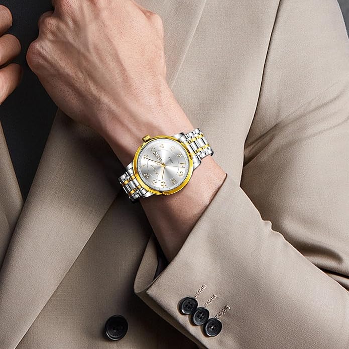Mens Silver Watch Luxury Minimalist Dress Watch Classic Waterproof Watches for Men Analog Quartz Stainless Steel Men's Wrist Watches with Date Luminous Relojes para Hombres