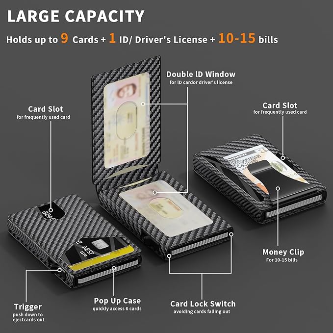 Wallet for Men Slim RFID Blocking -Metal Smart Pop-Up Credit Card Holder with 2 ID Windows, Holds 8-10 Cards,Bifold Minimalist Front Pocket Wallet & Money Clip,Men's accessories(Carbon)