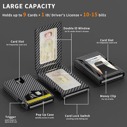 Wallet for Men Slim RFID Blocking -Metal Smart Pop-Up Credit Card Holder with 2 ID Windows, Holds 8-10 Cards,Bifold Minimalist Front Pocket Wallet & Money Clip,Men's accessories(Carbon)