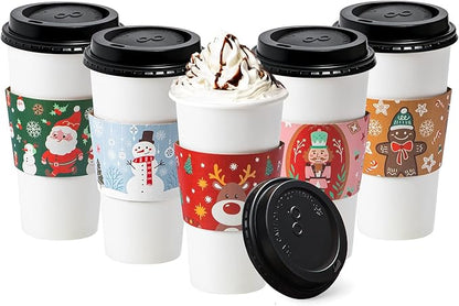 Fit Meal Prep 50 Pack 20 oz Christmas Coffee Cups with Lids Disposable, Sleeves, Leak-Proof To Go Coffee Cups with Lids, Durable Holiday Paper Cups