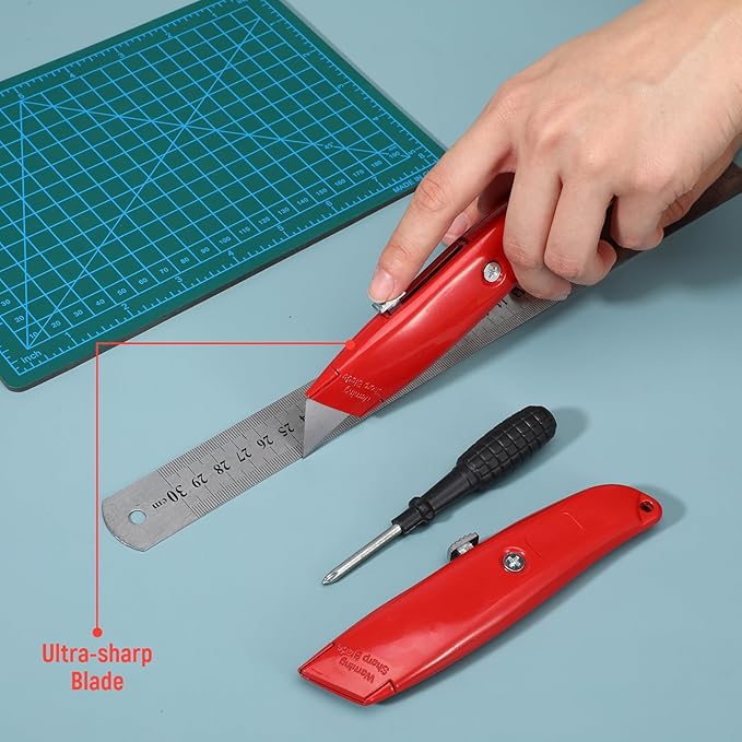 20 Pcs Retractable Utility Knife Box Cutter Aluminum Alloy Carpet Knife Heavy Duty Utility Knives Sharp Razor Blade for Cardboard Box Cartons Opener DIY Home Office (Red)