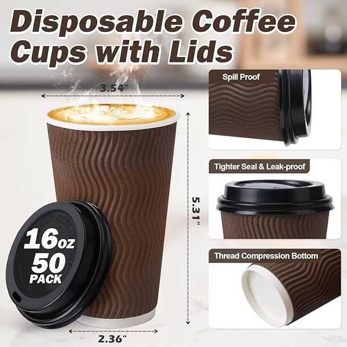 16 oz Coffee Cups with Lids 50 Pack, Disposable Coffee Cups with Lids, Insulated To Go Paper Coffee Cup for Hot Cold Drinks