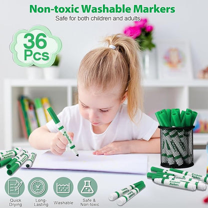 Janlaugh 36 Pcs Green Washable Markers Bulk Coloring Broad Line Markers for Kids Green Conical Tip drawing pen for School Supplies, travel Art baby shower gender reveal party Supplies, Ages 6+