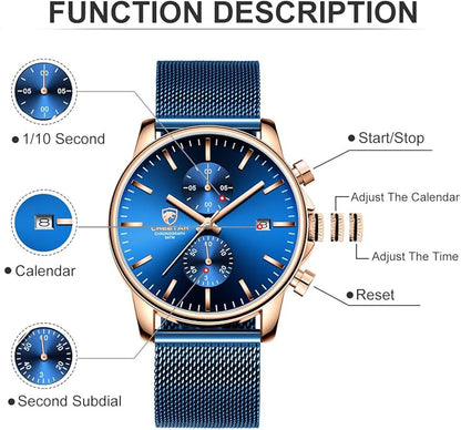 GOLDEN HOUR Mens Watch Fashion Sleek Minimalist Quartz Analog Mesh Stainless Steel Waterproof Chronograph Watches for Men with Auto Date