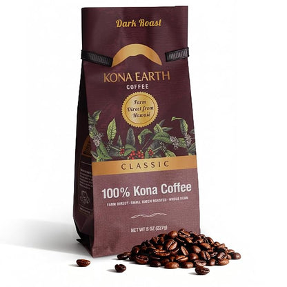 KONA EARTH 100% Kona Classic Coffee, Dark Roast, Whole Bean (8oz) Farm-Direct Authentic Hawaiian Kona Coffee beans from Hawaii’s Big Island, Micro-Batch-Roasted