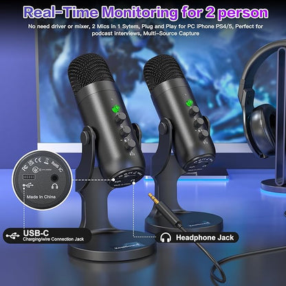 ZealSound Wireless Microphone Bundle,Dual USB Mic for iPhone PC iPad Android Phone-Cordless Condenser Desktop Microphones with Mute Echo Monitor Volume Gain 2.4GHz for Podcast,ASMR,Games,YouTube Video