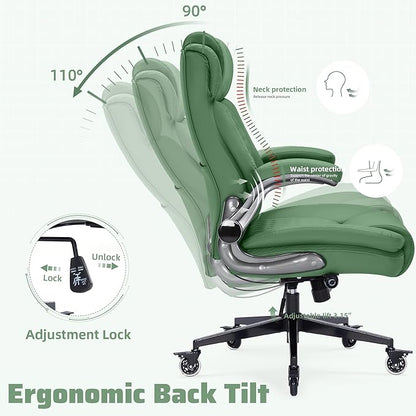 Large High Back Office Chair with Flip Arms- Executive Desk Chair with Locking Wheels, Adjustable Lumbar Support, Ergonomic Synthetic Leather Computer Chair Prevents Cats Scratching