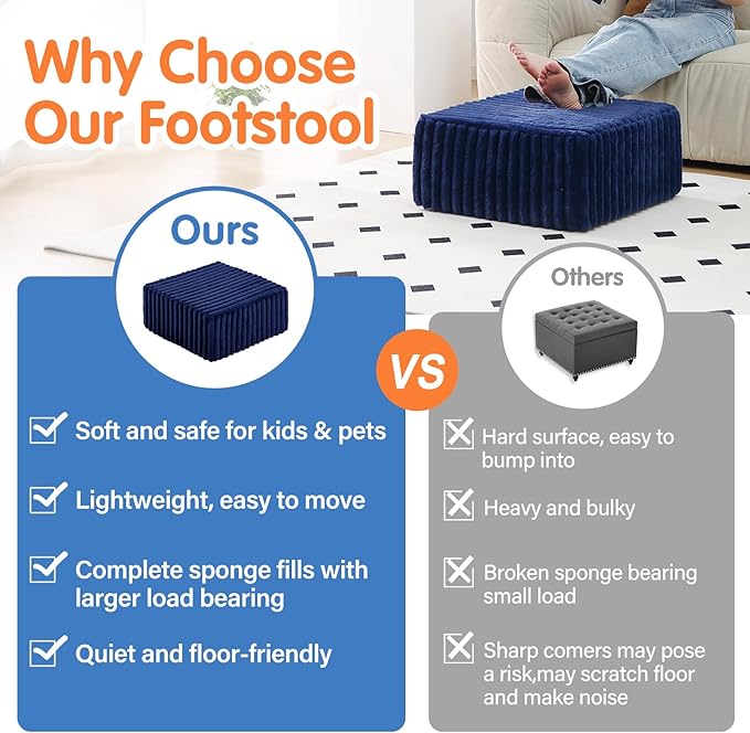 Tiita Suqre Stuffed Pouf Ottoman, Stripe Poufs 21×21×10 inch with Foam Chunk Filling, Floor Bean Bag Floor Chair Storage for Living Room Bedroom Home Decor, Navy Blue
