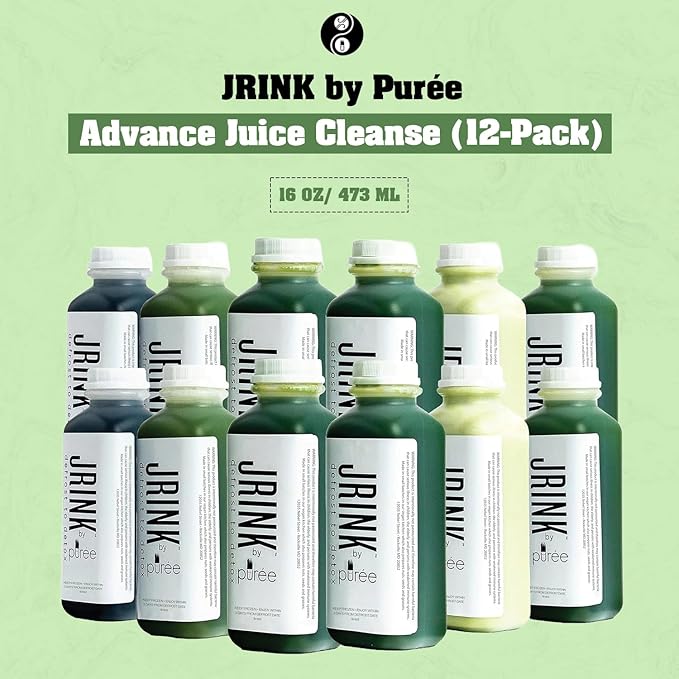 JRINK by Purée Advance Juice Cleanse, Cold Pressed Detox Drink with Organic 2 Day-Healthy Vegetable and Fruit Juice, Frozen Pressed Juice Cleanse, 12 Bottles, 16oz Each