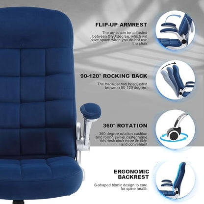 Fabric Office Chair, Velvet High Back Executive Desk Chair with Flip-Up Arms, Ergonomic Office Chairs with Lumbar Support, Upholstered Home Computer Chair with Wheels,Blue