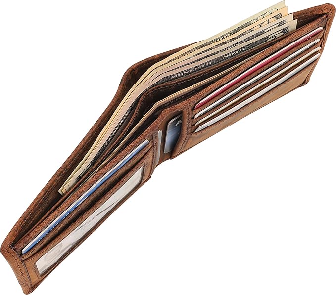 Genuine Leather Bifold Mens Wallet RFID Blocking 5 Credit Card Slots 1 ID Window 2 Sections for Bills 2 Additional Slots | Brown