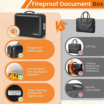 Fireproof Document Box with Lock, 5200°F Fireproof Water Resistant Hard Case File Organizer Safe Box for Important Documents, Certificates, Laptop, Passports (Black)