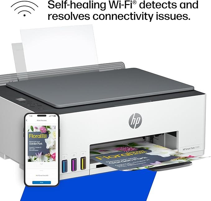 HP Smart Tank 5101 Wireless All-in-One Refillable Ink Tank Printer, Scanner, Copier with 2 years of Ink included, Wireless printer for home use (1F3Y0A)