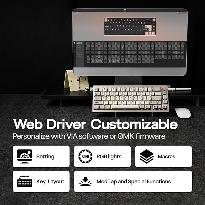 EPOMAKER P65 QMK/VIA Wireless Aluminum Gaming Keyboard, Gasket-Mount, Bluetooth/2.4Ghz/USB(A to C), Hot Swappable, N-Key Rollover, for Mac/PC/PS/Xbox (Khaki, Wisteria Linear Switch)